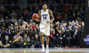 March 19, 2016: G/F Brandon Ingram (14) of the Duke Blue Devils dribbles the ball up court during the Duke Blue Devils game versus the Yale Bulldogs in the Second Round of the Division I Men's Basketball Championship at Dunkin Donuts Center in Providence, RI. (Photo by Fred Kfoury III/Icon Sportswire)