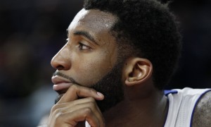 Detroit Pistons’ Andre Drummond (0) watches from the bench during the second half of an NBA basketball game against the Atlanta Hawks Wednesday, March 16, 2016, in Auburn Hills, Mich. (AP Photo/Duane Burleson)