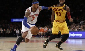 New York Knicks forward Carmelo Anthony (7) drives to the basket against Cleveland Cavaliers forward LeBron James (23) during the first quarter of an NBA basketball game, Saturday, March 26, 2016, in New York. (AP Photo/Julie Jacobson)