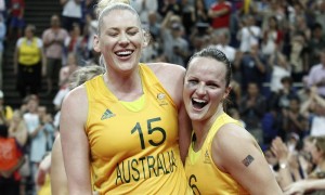 11 August 2012: Australia Jennifer Screen celebrates with Lauren Jackson at the end of the 83-74 Team Australia victory over Team Russia, during the Women's Bronze Medal Game, at the North Greenwich Arena, in London, Great Britain.