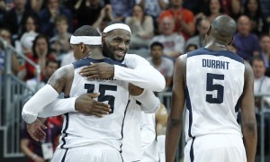 02 August 2012: Carmelo Anthony is congratulated by LeBron James during 156-73 Team USA victory over Team Nigeria, during the men's basketball preliminary, at the Basketball Arena, in London, Great Britain.