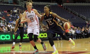 August 11 2015: Washington Mystics center Emma Meesseman (33) defends against Indiana Fever forward Tamika Catchings (24) during a WNBA game at Verizon Center, in Washington D.C. Indiana won 73-62