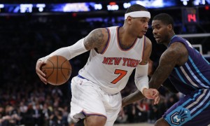 iNew York Knicks' Carmelo Anthony (7) drives past Charlotte Hornets' Marvin Williams (2) during the second half of an NBA basketball game Wednesday, April 6, 2016, in New York. the Hornets won 111-97. (AP Photo/Frank Franklin II)