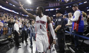 Detroit Pistons guard Reggie Jackson walks off the court after the team's NBA basketball game against the Washington Wizards, Friday, April 8, 2016, in Auburn Hills, Mich. Jackson had 39 points in the Pistons' 112-99 ,playoff-clinching win. (AP Photo/Carlos Osorio)