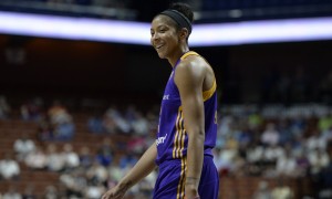 Los Angeles Sparks' Candace Parker during the first half of a WNBA basketball game against the Connecticut Sun, Thursday, May 26, 2016, in Uncasville, Conn. (AP Photo/Jessica Hill)