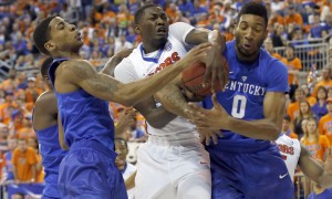March 1, 2016 - Gainesville, FL, USA - Kentucky Wildcats guard Charles Matthews (4) and Kentucky Wildcats forward Marcus Lee (0) battles Florida Gators forward Dorian Finney-Smith (10) for a rebound during the first half on Tuesday, March 1, 2016, at the O'Connell Center in Gainesville, Fla (Photo by Charles Bertram/Zuma Press/Icon Sportswire)
