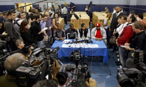 Chris Paul, far left, Dwyane Wade, second from left, Carmelo Anthony, second from right, and Lebron James, hold a press conference before they help with a food distribution in Brooklyn, N.Y., on Tuesday, Nov. 29, 2011. The Carmelo Anthony Foundation joined with Feed The Children and Boys and Girls Club of America to giveaway more than 800 meals. (AP Photo/Bebeto Matthews)